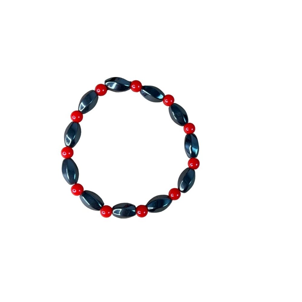 Hematite & Red Bead Stretch Bracelet - 7 Inch